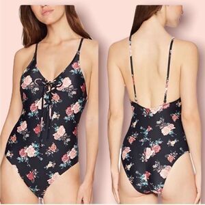 🌺3 FOR $20🌺 - Mae Soft Floral One Piece Swimsuit M Floral Lace Up Black Pink